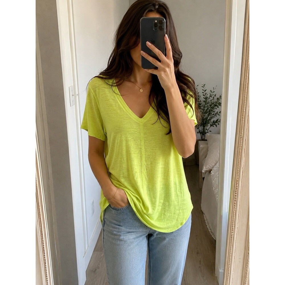 Tahari Women 1X Linen Knit V-Neck T-Shirt Lime Green Short Sleeve High Low Top